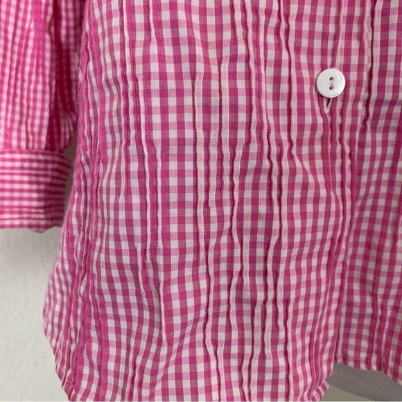 Foxcroft Fitted Gingham Pleated Crinkle Button Up Shirt Women’s 4 Pink Collared - Picture 10 of 16